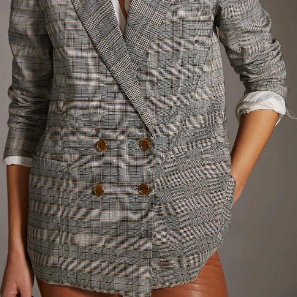 New Anthropologie Hutch Classic Longline Double Breasted Plaid Maize Blazer Sz M